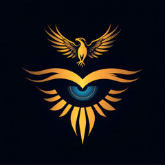 Obraz premium Vectors are used to create a logo with a stylized eye with a glowing light effect at its center. Above the eye, a majestic eagle spreads its wings to symbolize vision and power.