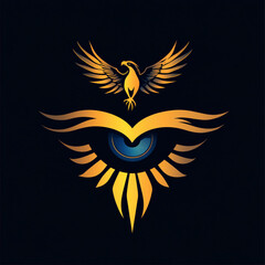 Obraz premium A logo that incorporates vectors and features a stylized eye with a glowing light effect at its center. A majestic eagle spreads its wings above the eye to convey vision and power.