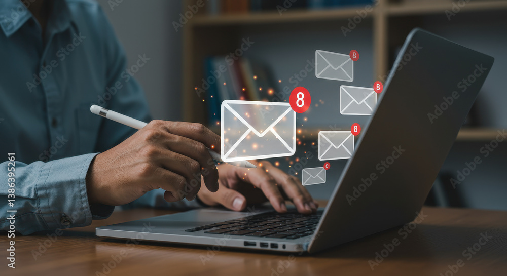 Poster inbox overload: managing emails & productivity on laptop. digital mail, messages & communication.