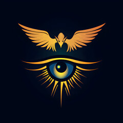 Obraz premium An elegant logo that is based on vectors and features a stylized eye with a glowing light effect in its center. Above that eye, a majestic eagle spreads its wings, symbolizing both vision and power.