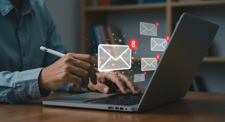 Inbox Overload: Managing Emails & Productivity on Laptop. Digital Mail, Messages & Communication.