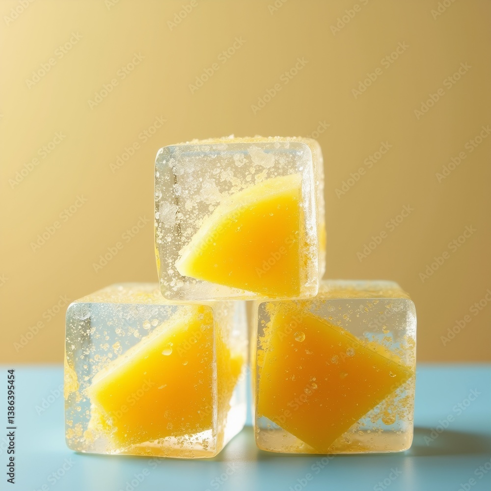 Poster three ice cubes stacked top blue surface cubes square shape yellowish orange color cube has slice le