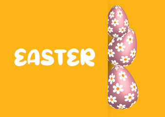 Minimalist Happy Easter template with Easter decorated eggs behind a yellow wall on a yellow background. Perfect for Easter cards, posters, and seasonal greetings.