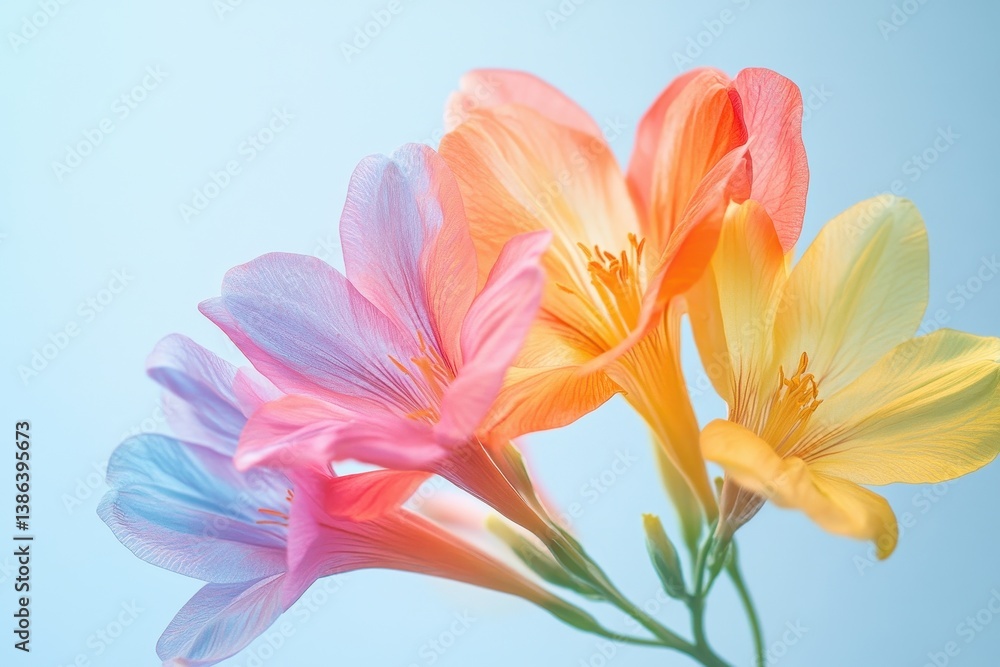 Aufkleber colorful blooms of freesia showcasing vibrant petals in soft pastel shades against a light backgroun