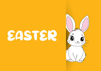 Minimalist Easter design with a bunny hided behind a wall   on a bright yellow background. Perfect for Easter cards, posters, and seasonal greetings.