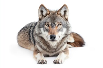 Fototapeta premium Resting Gray Wolf Lying Down with Intense Gaze on White Background