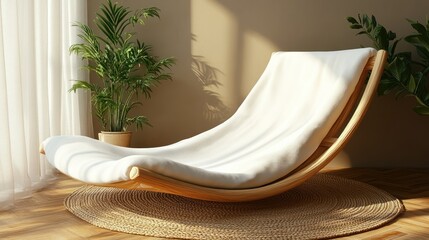 Serene Relaxation: Wooden Rocking Chair with White Cushion in Sunlit Room