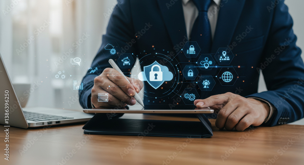 Poster secure cloud data protection: business man activating cybersecurity with digital padlock icon on tab