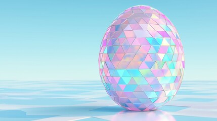 Iridescent mosaic egg on a soft blue background. Creative minimal Easter celebration concept with copy space.