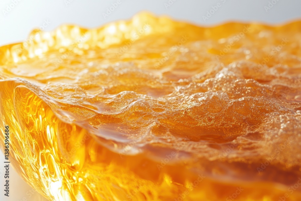 Poster Golden liquid flows smoothly in a clear container showcasing vibrant bubbles and textures during daylight