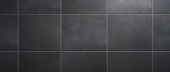 Naklejka premium A close-up view of a modern, sleek black tile wall showcasing a uniform grid pattern, perfect for interior design projects or home renovations, set in a contemporary environment