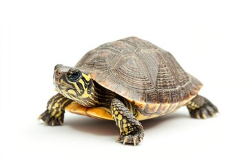 Fototapeta premium Turtle Walking with Patterned Shell Against White Background in Studio Shot