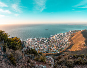 Cape Town overlooking Sea Point  - majestic Table Mountain Landscape panorama taken from the top of Lions Head - South Africa best travel destination for nature and adventure