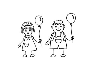 Two children holding balloons, simple hand-drawn doodle cartoon vector.