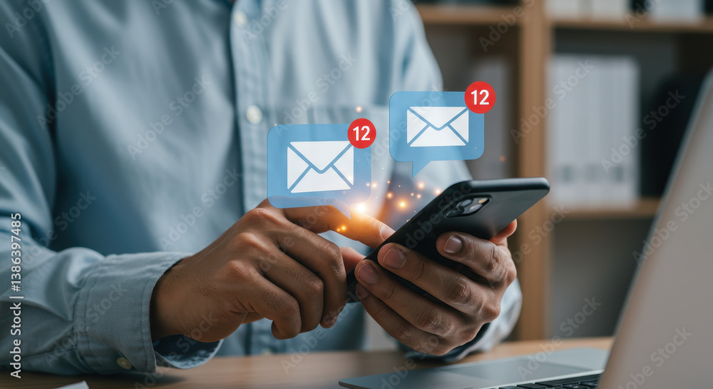 Poster inbox overload: man checking phone with 12 unread emails. stay connected & productive!