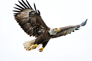 Fototapeta premium Bald Eagle Flying Majestically with Wings Spread Against a Clear Background