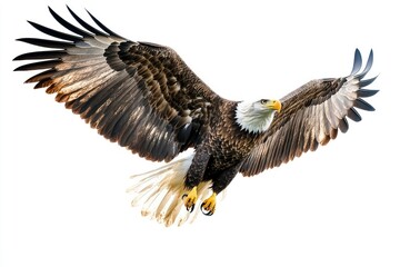 Fototapeta premium Bald Eagle Flying Majestic with Open Wings on White Background