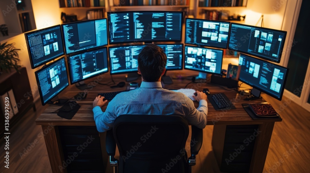 Poster a person using multiple computer monitors at a desk