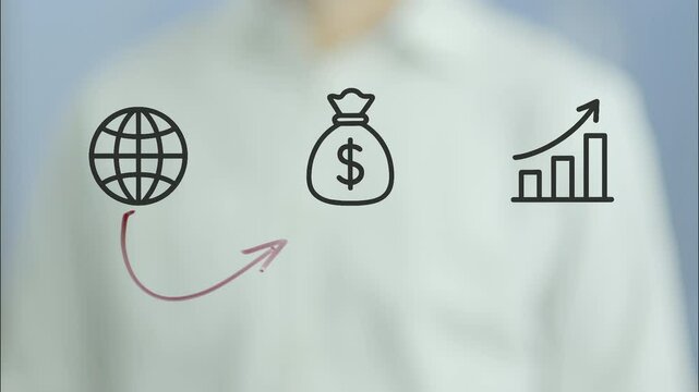 Businesswoman illustrating the correlation between global trade, investment, and economic growth by drawing a connection between a globe icon, a money bag, and a rising graph on a transparent board