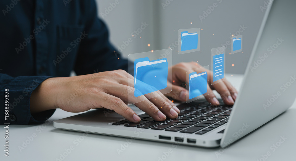 Poster digital file management: boost productivity with cloud storage, organize documents, laptop, data tra