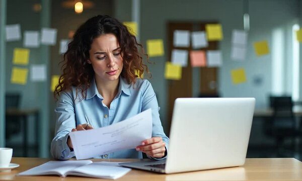 A frustrated young woman looks over paperwork at her desk in a modern office, struggling to comprehend complex documents