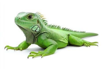 Obraz premium Green Iguana Lizard Resting Isolated on White Background Reptile Portrait