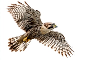 Fototapeta premium Falcon Flying with Open Wings Against a Bright White Background