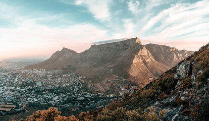 Cape Town, Stunning reveal of  Table Mountain Landscape panorama taken from the top of Lions Head - South Africa best travel destination for nature and adventure