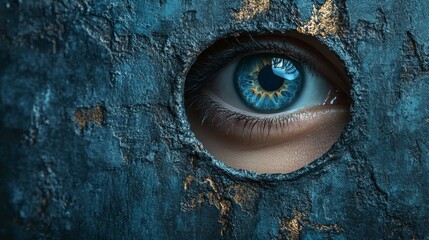 Close-up of blue eye peering through rustic metal surface with textured background