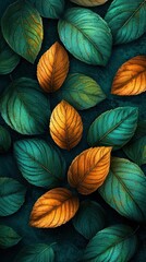 Golden and Teal Leaves: An Autumnal Tapestry