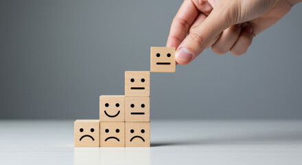 Building Success: Mood Blocks & Growth, Hand Placing Neutral Face. Positive Vibes, Steps to Happiness, Feedback, Customer Satisfaction, Rating Concept