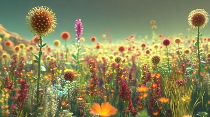 Gene flow a plant population A field of wildflowers with diverse seed dispersal mechanisms showcasing the exchange of genetic material pattern ultra detailed