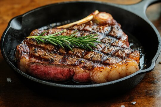 Grilled ribeye steak with charred crust and rosemary in cast iron skillet. Rustic close-up on dark table. Comfort and indulgence. Perfect for menus, restaurant ads, and food blogs.