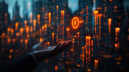 Hand interacting with a futuristic energy display over a cityscape