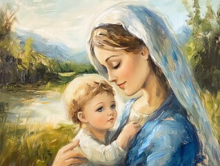 Mary Holding Baby Jesus Painting in Serene Outdoor Nature Setting