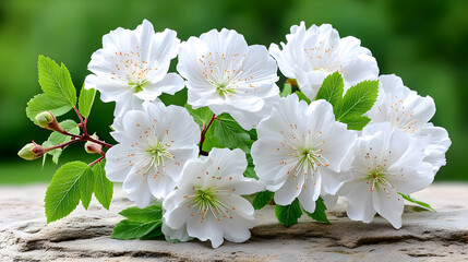 Delicate cluster of pristine white blossoms with vibrant green leaves on rustic surface