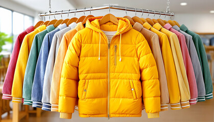 Obraz premium Colorful puffer jackets hanging in a retail store
