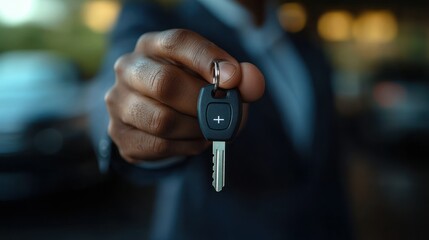Handing over car keys.  Close-up view of a person offering car keys