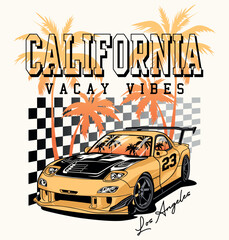 California vacay vibes race car with palm tree summer vibes illustration print