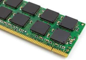 Close up view of a green ram memory module with black chips on a white background in a studio shot