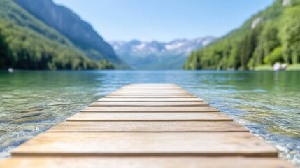 A wooden dock extends into a calm lake. The background features mountains and lush greenery, softly blurred for a serene effect. The image is high-quality with natural bright lighting. The style is