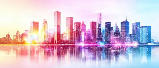 Futuristic skyline with clouds urban cityscape digital artwork modern aesthetic vibrant reflections