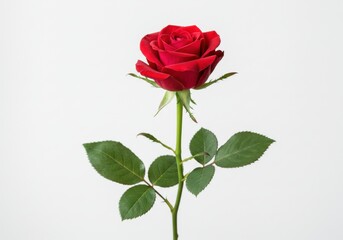 Naklejka premium A single red rose with green leaves and stem isolated on a plain white background in full bloom
