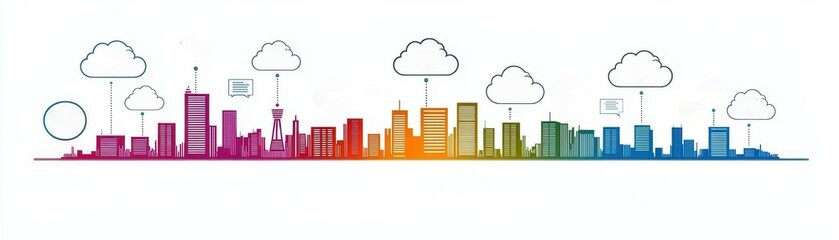 Futuristic cloud city skyline urban landscape digital art vibrant colors aerial view conceptual design