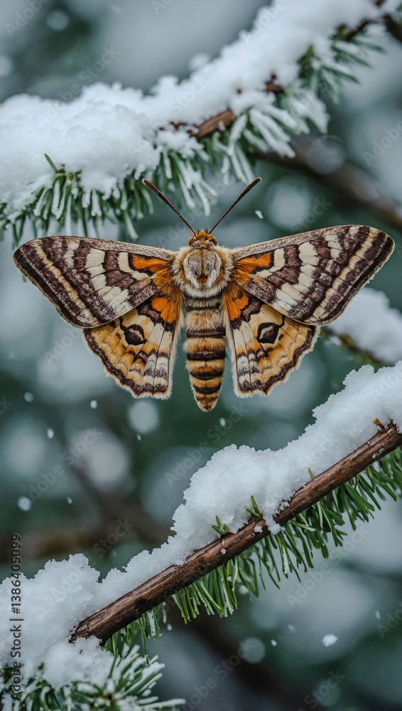 Poster close-up of a moth on a tree branch, surrounded by snow and grass.