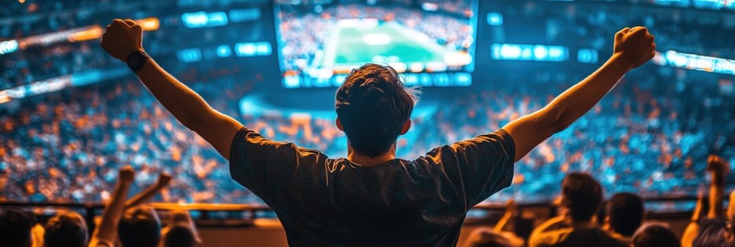 An excited fan raising arms in celebration at a crowded stadium, blurred spectators and large screen in background, vibrant lighting, energetic atmosphere, dynamic motion, triumphant mood