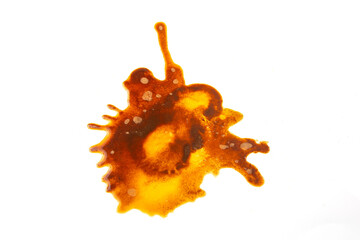 Abstract orange-brown stain splatter on white background, resembling spilled liquid or ink. Ideal for artistic projects, design elements, or creative backgrounds with a vibrant, organic texture.