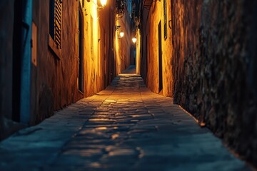 Explore the Charming and Mysterious Narrow Alleyway with Dim Flickering Light for Atmospheric Photography Projects and Urban Exploration