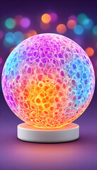 Illuminated sphere with vibrant, textured surface on a white base against a bokeh background