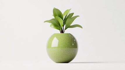 Minimalist indoor plant with vibrant green leaves in a glossy round ceramic pot placed on a white surface with soft shadows in a clean and modern aesthetic setup.
